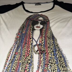 LAUREN MOSHI T Shirt Black White Hippie Girl Colourful Harmony Peace Love Size L
